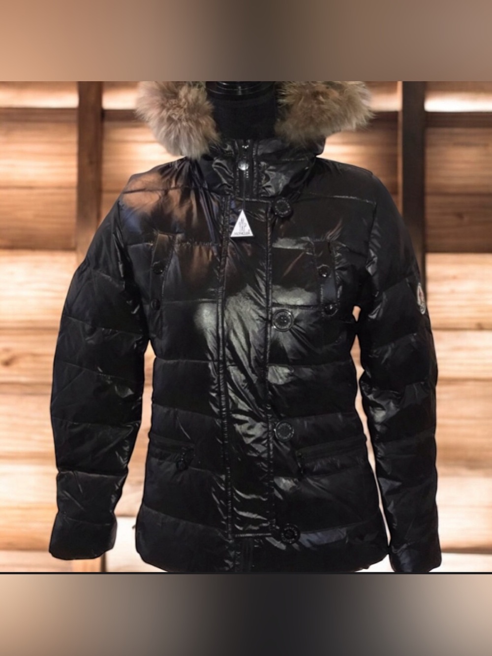 Moncler Women's Glossy Black Puffer with Fur Trim bonus belt and mini book